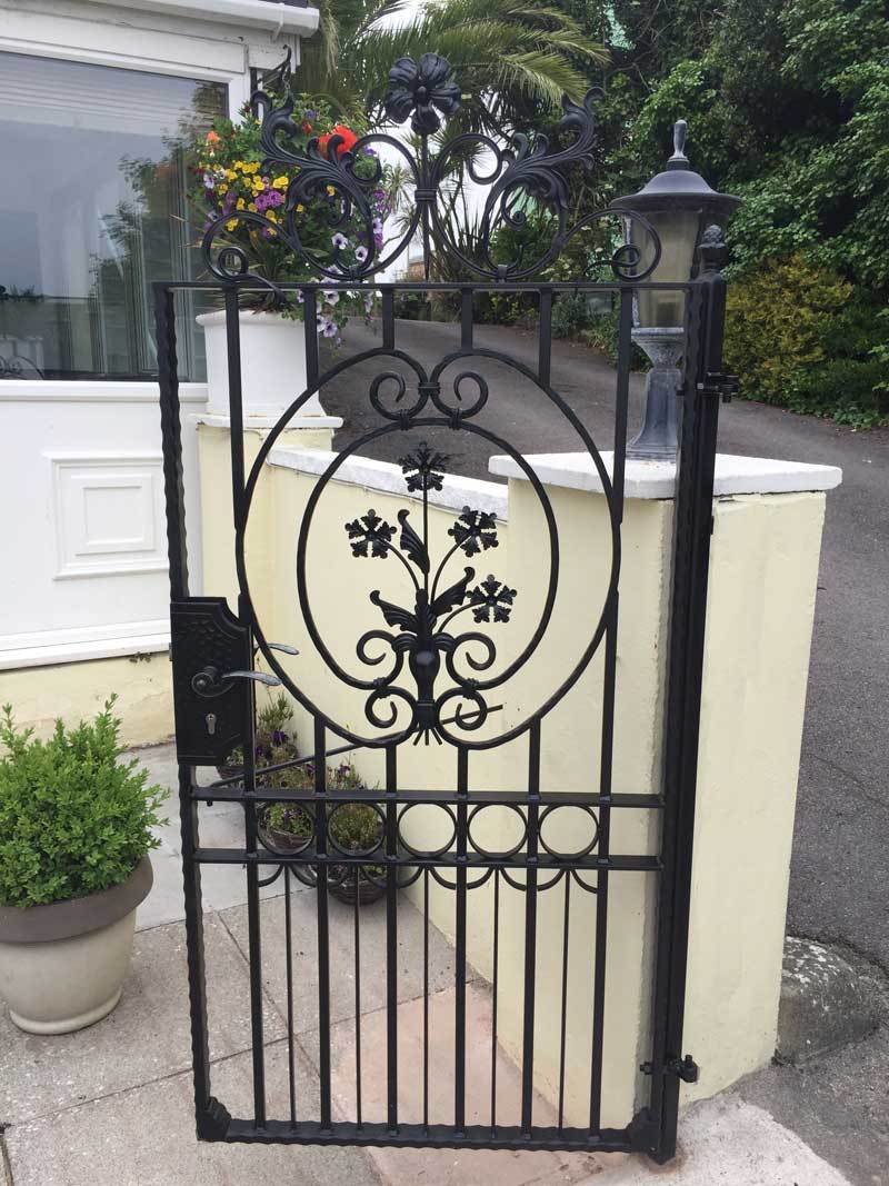 Gates - Salisbury - Style 1A - Tall Wrought Iron Side Gate With Decorative Panel, Gate Topper And Lock