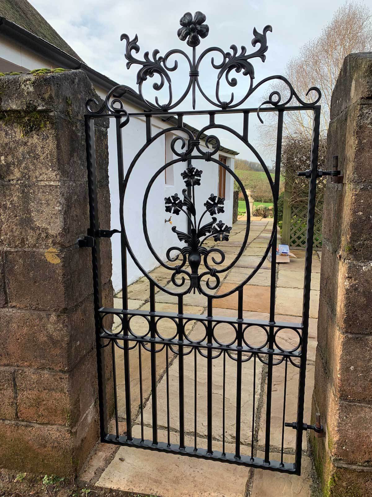 Salisbury - Style 1A - Tall wrought iron side gate with decorative panel, gate topper and lock