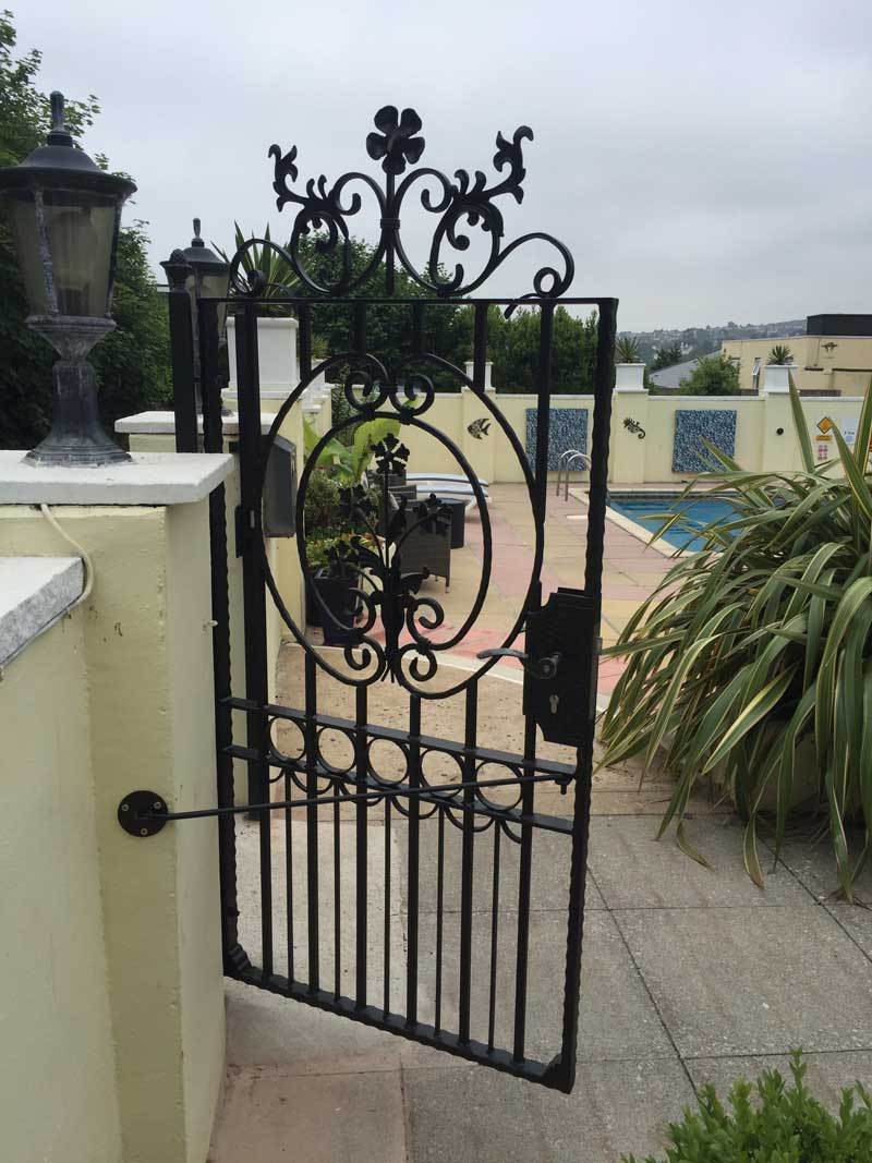 Gates - Salisbury - Style 1A - Tall Wrought Iron Side Gate With Decorative Panel, Gate Topper And Lock