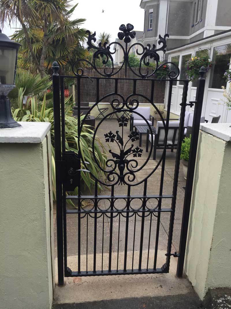 Gates - Salisbury - Style 1A - Tall Wrought Iron Side Gate With Decorative Panel, Gate Topper And Lock