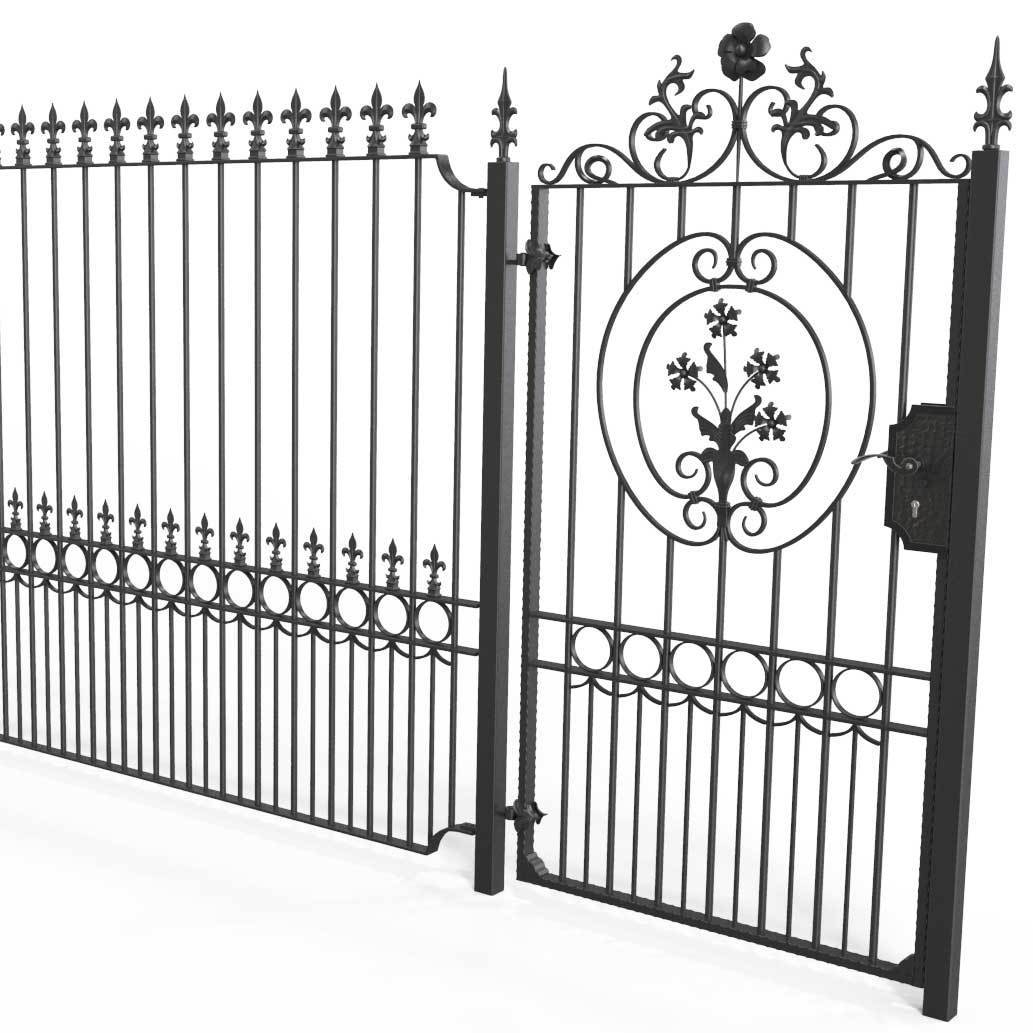 Gates - Salisbury - Style 1A - Tall Wrought Iron Side Gate With Decorative Panel, Gate Topper And Lock