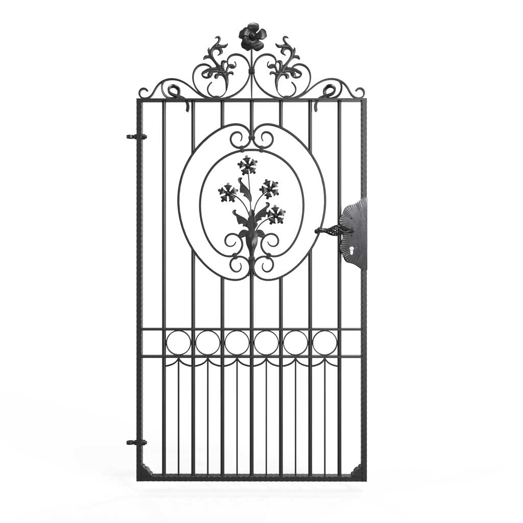 Salisbury - Style 1A - Tall wrought iron side gate with decorative panel, gate topper and lock