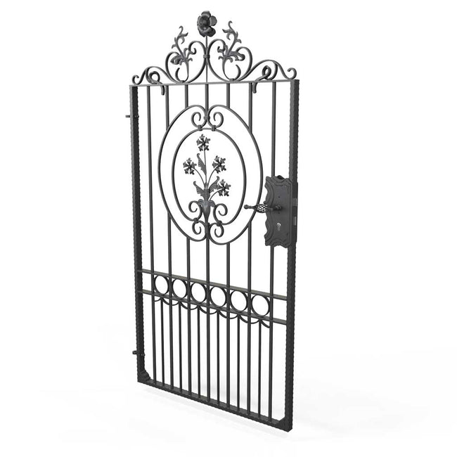 Salisbury - Style 1A - Tall wrought iron side gate with decorative panel, gate topper and lock