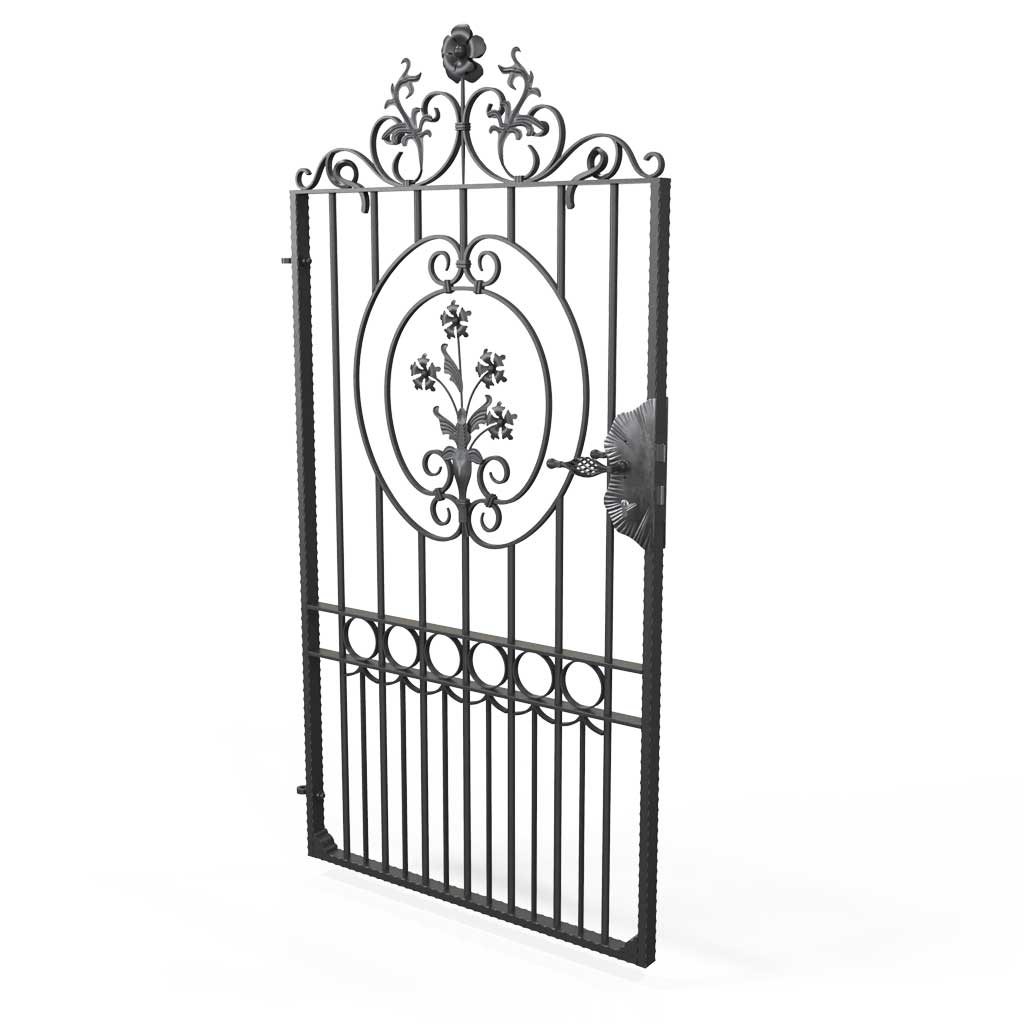 Salisbury - Style 1A - Tall wrought iron side gate with decorative panel, gate topper and lock