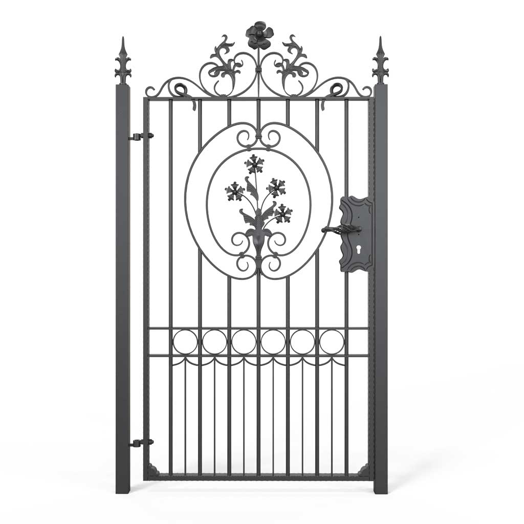Salisbury - Style 1A - Tall wrought iron side gate with decorative panel, gate topper and lock
