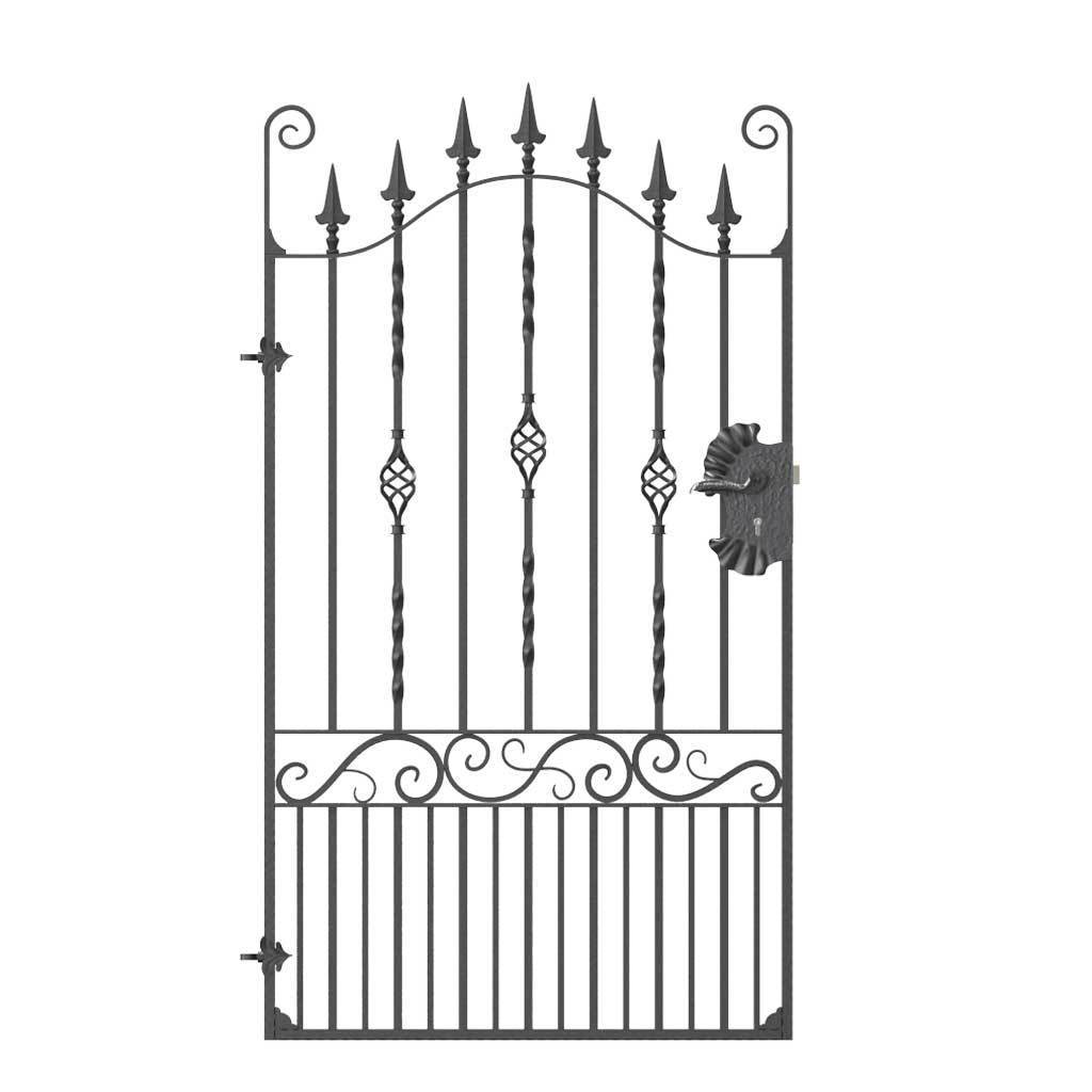 Tall Wrought Iron Side Gate - Marlborough - Style 2A - Tall Side Gate With Decorative Panels And Decorative Lock