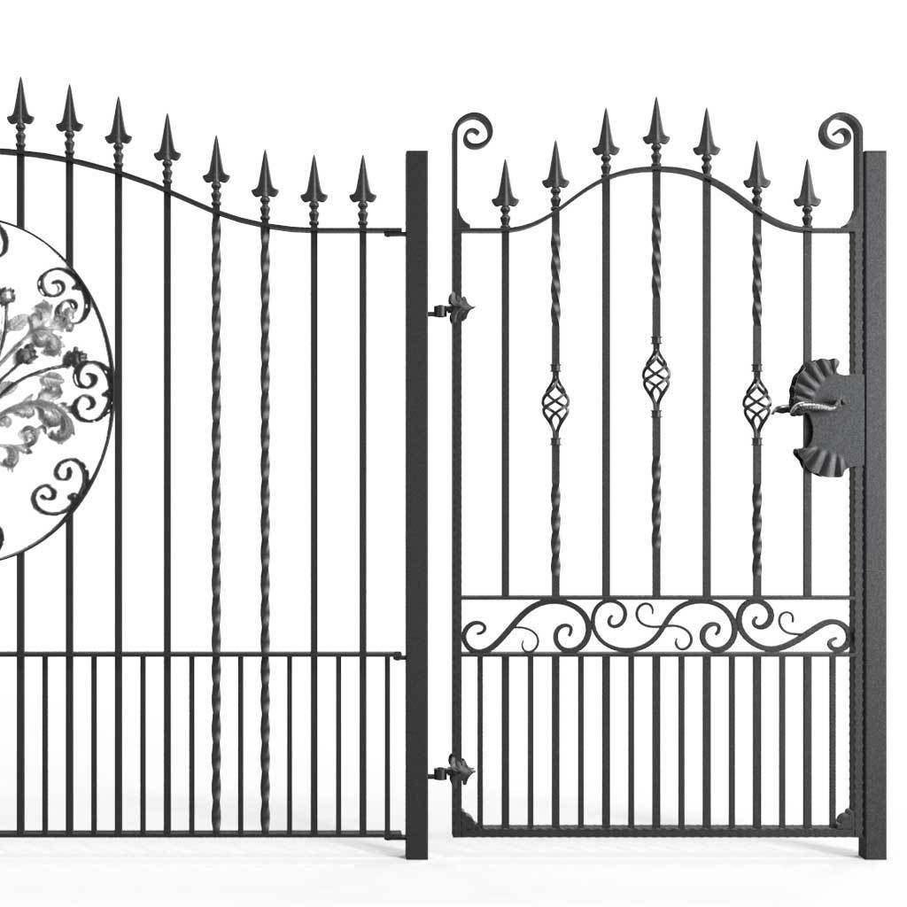 Tall Wrought Iron Side Gate - Marlborough - Style 2A - Tall Side Gate With Decorative Panels And Decorative Lock