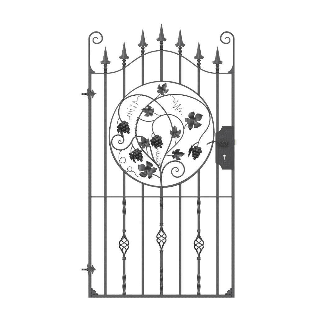Tall Wrought Iron Side Gate - Marlborough - Style 2D - Tall Wrought Iron Gate With Lock And Grape Decorative Panel