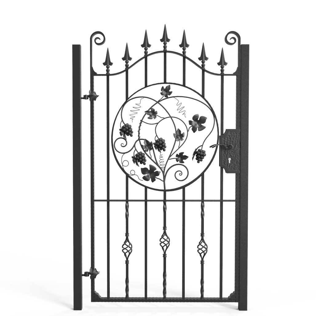 Tall Wrought Iron Side Gate - Marlborough - Style 2D - Tall Wrought Iron Gate With Lock And Grape Decorative Panel