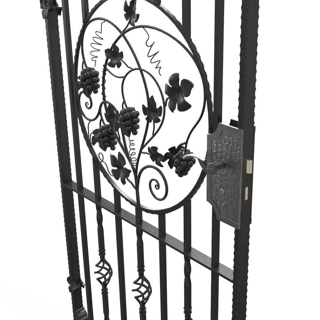 Tall Wrought Iron Side Gate - Marlborough - Style 2D - Tall Wrought Iron Gate With Lock And Grape Decorative Panel