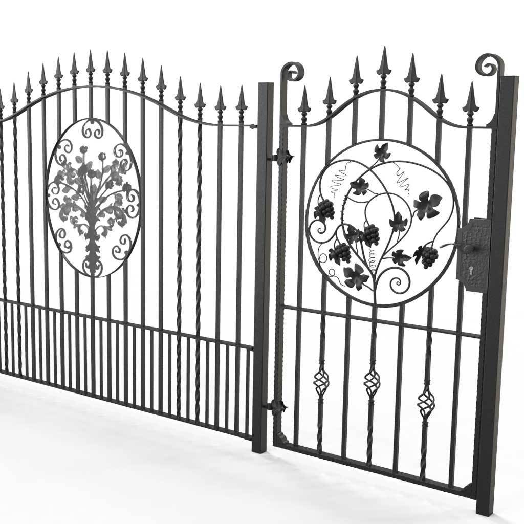 Tall Wrought Iron Side Gate - Marlborough - Style 2D - Tall Wrought Iron Gate With Lock And Grape Decorative Panel