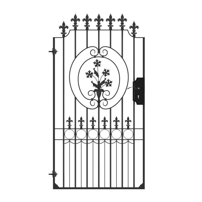 Tall Wrought Iron Side Gate - Salisbury - Style 1C - Tall Wrought Iron Side Gate With Decorative Panel, Rail Heads And Lock