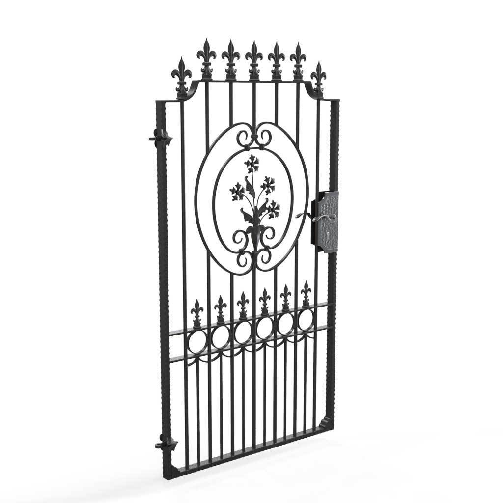 Tall Wrought Iron Side Gate - Salisbury - Style 1C - Tall Wrought Iron Side Gate With Decorative Panel, Rail Heads And Lock