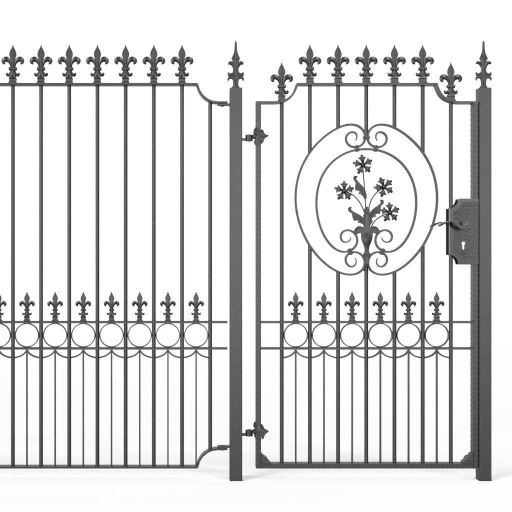 Tall Wrought Iron Side Gate - Salisbury - Style 1C - Tall Wrought Iron Side Gate With Decorative Panel, Rail Heads And Lock