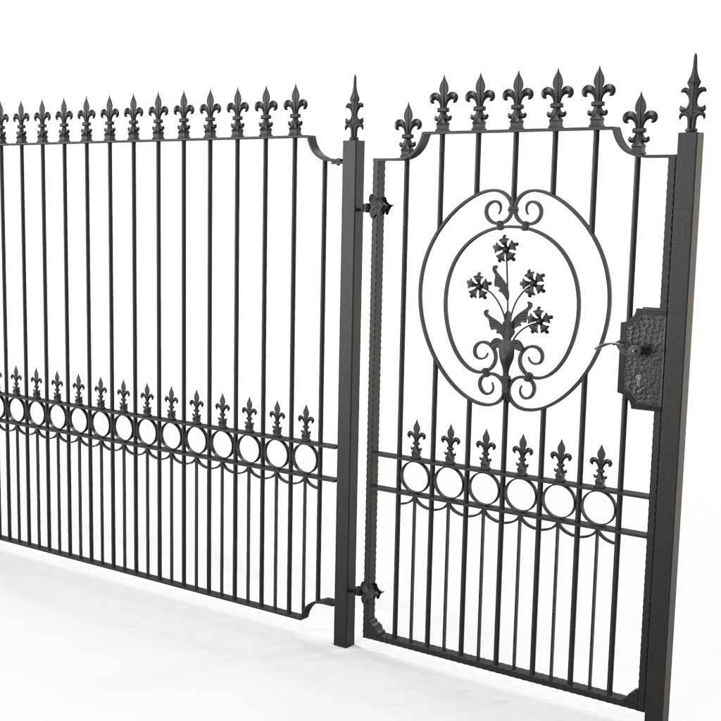 Tall Wrought Iron Side Gate - Salisbury - Style 1C - Tall Wrought Iron Side Gate With Decorative Panel, Rail Heads And Lock