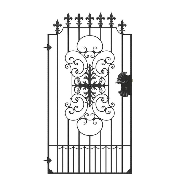 Tall Wrought Iron Side Gate - Salisbury - Style 1D - Tall Gate With Large Panel And Decorative Lock