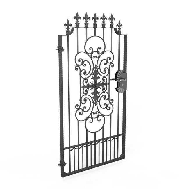 Tall Wrought Iron Side Gate - Salisbury - Style 1D - Tall Gate With Large Panel And Decorative Lock