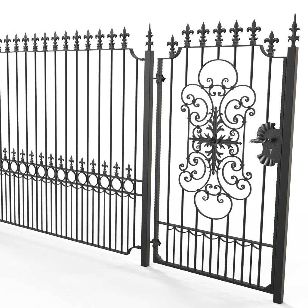 Tall Wrought Iron Side Gate - Salisbury - Style 1D - Tall Gate With Large Panel And Decorative Lock