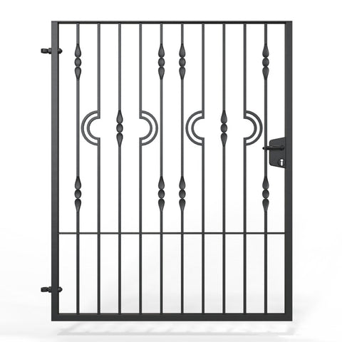Salisbury - Style 1A - Tall wrought iron side gate with decorative panel, gate topper and lock
