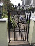 Gates - Salisbury - Style 1A - Tall Wrought Iron Side Gate With Decorative Panel, Gate Topper And Lock