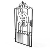 Salisbury - Style 1A - Tall wrought iron side gate with decorative panel, gate topper and lock