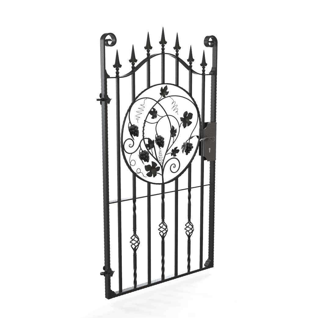 Tall Wrought Iron Side Gate - Marlborough - Style 2D - Tall Wrought Iron Gate With Lock And Grape Decorative Panel