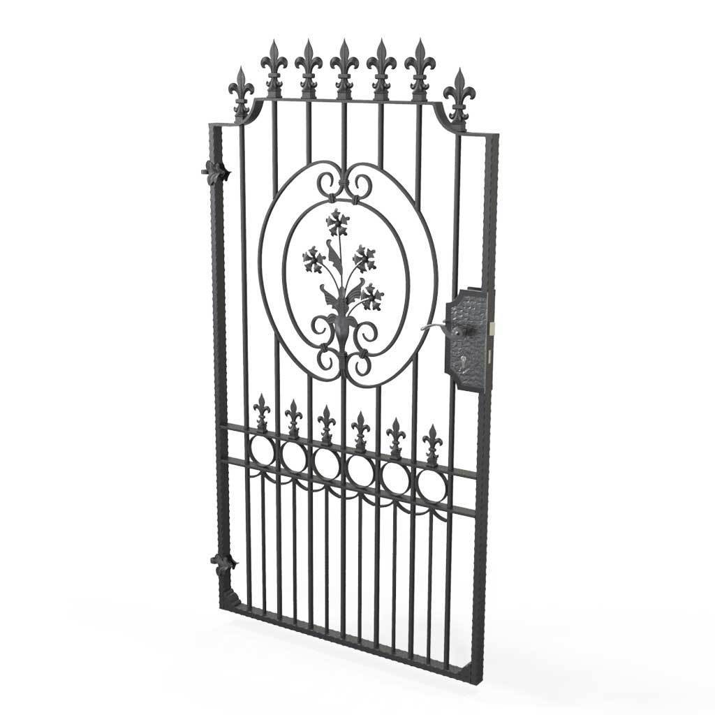 Tall Wrought Iron Side Gate - Salisbury - Style 1C - Tall Wrought Iron Side Gate With Decorative Panel, Rail Heads And Lock